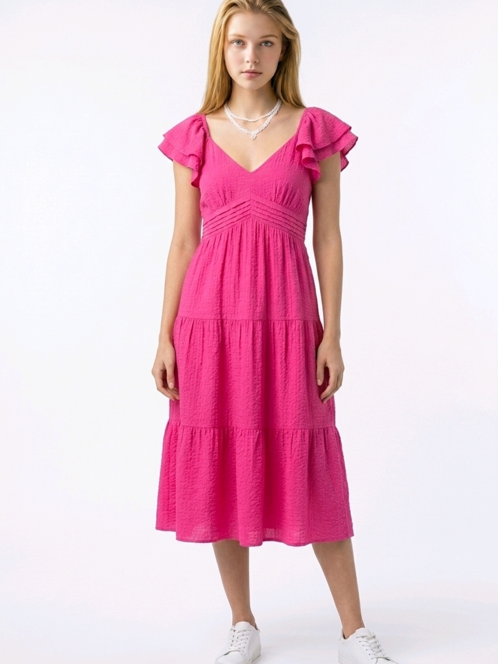 Trixxi  Pink Flutter Sleeve Tiered Midi Summer Dress Size Medium